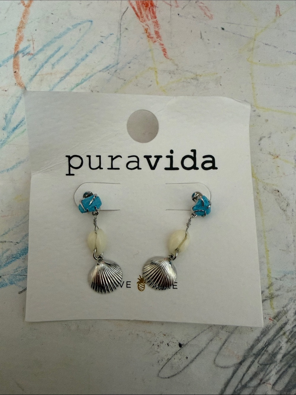 Pura Vida Turquoise, Cream & Silver Seashell Dangle Earrings